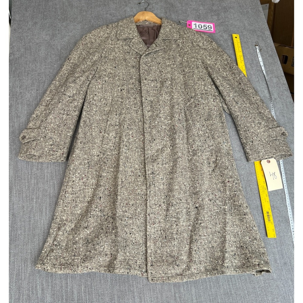 Vintage Men Overcoat 48 Brown Speckled Tweed Long Sleeve Winter Warm Heavyweight